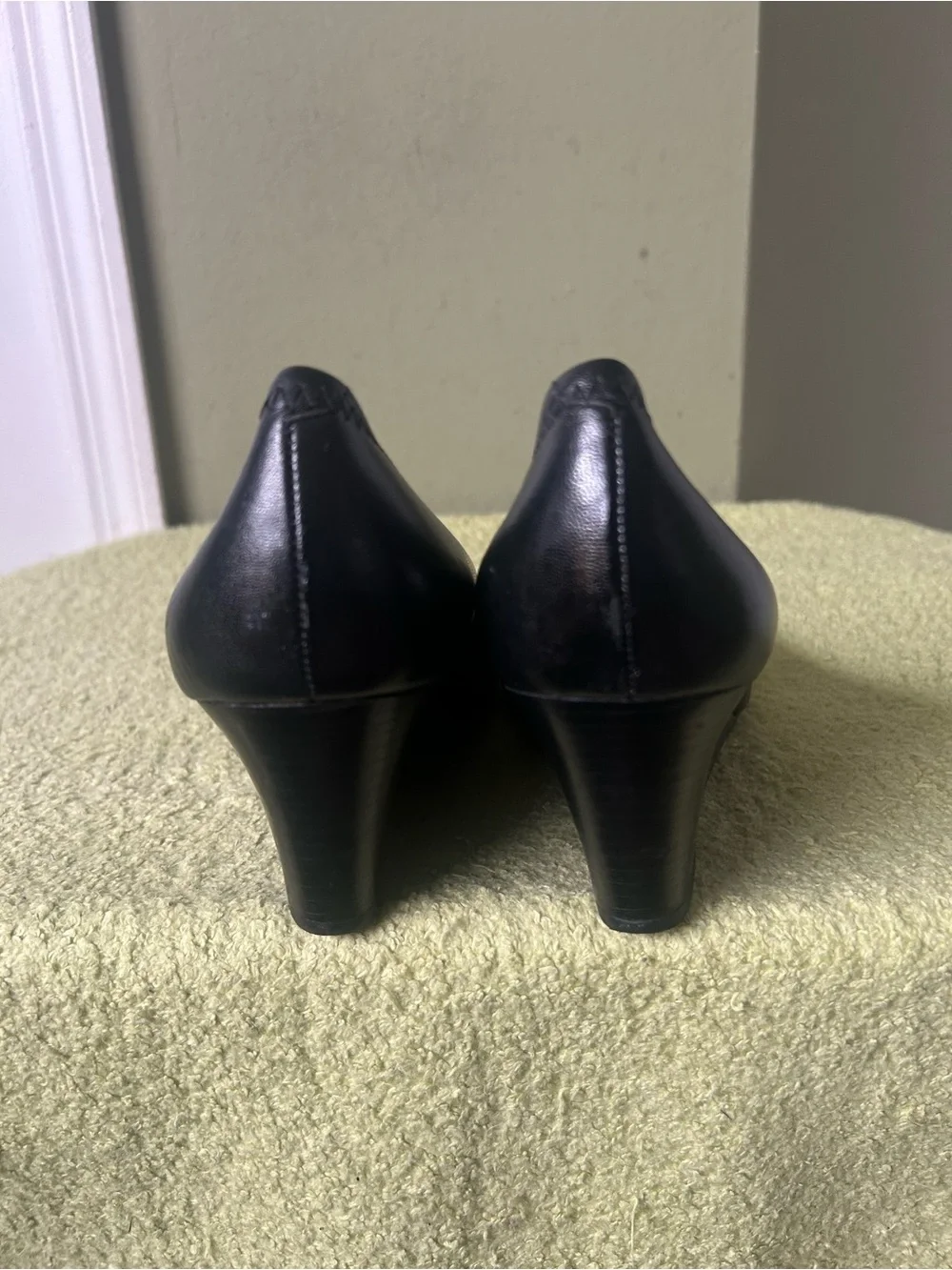Tory Burch Black Leather Logo Round-Toe Wedge Heels with Gold Emblem